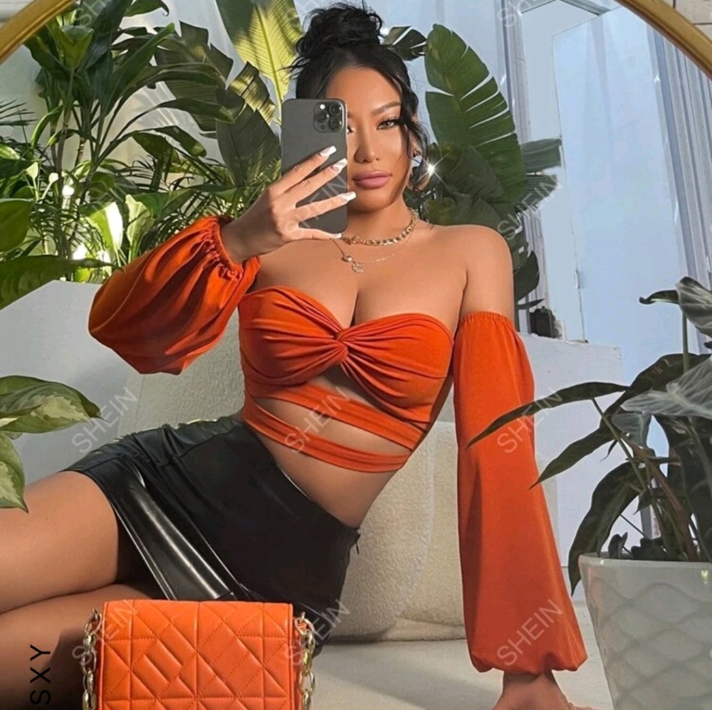 Shein SXY off shoulder twist front cut out crop top
